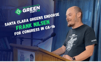 image of a young white man in a black t- shirt and jeans standing at a podium, text on image reads Santa Clara Greens endorse Frank Nilsen for Congress in CA-16
